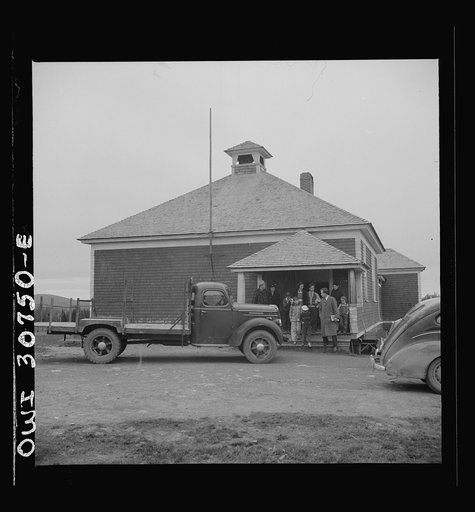 Buffalo Hill, Aroostook County, Maine. One-room rural schoolhouse where the Congregational church services are held every Sunday. This is the only meeting place for this isolated rural community