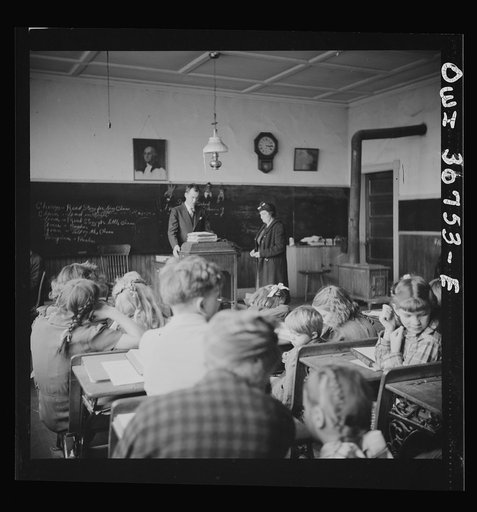 Untitled photo, possibly related to: Buffalo Hill, Aroostook County, Maine. Congregational choir services held in one-room schoolhouse in isolated rural community