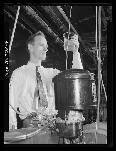 Untitled photo, possibly related to: Washington, D.C. Testing substitute gasoline and measuring the degree of wear which it produces on an automobile engine cylinder at the U.S. Bureau of Standards