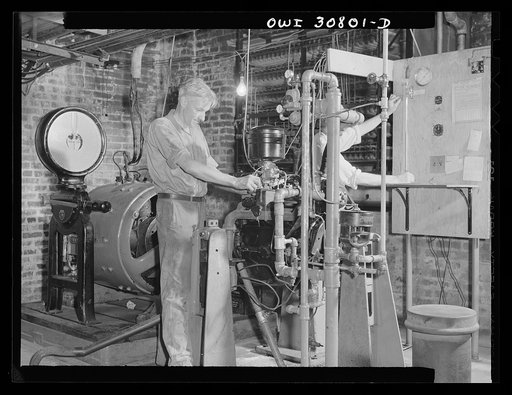 Washington, D.C. Testing substitute gasoline and measuring the degree of wear which it produces on an automobile engine cylinder at the U.S. Bureau of Standards