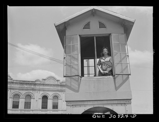 Beaumont, Texas. Lady who operates block signals for a railroad crossing