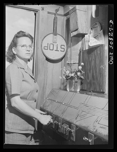 Beaumont, Texas. Lady who operates block signals for railroad crossing