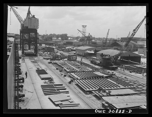 Beaumont, Texas. Working ways at the Pennsylvania shipyards. Here the sides of the hulls for cargo vessels are put together