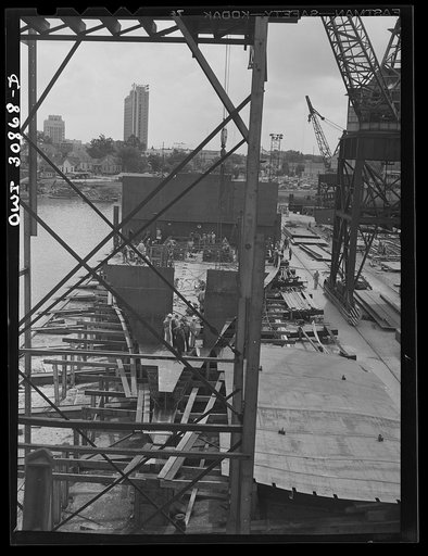 Untitled photo, possibly related to: Beaumont, Texas. Working ways at the Pennsylvania shipyards. Here the sides of the hulls for cargo vessels are put together