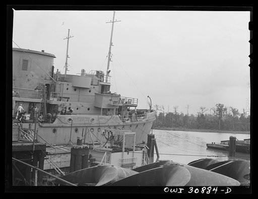 Untitled photo, possibly related to: Beaumont, Texas. Tugboats under construction on the wet ways at the Pennsylvania shipyards