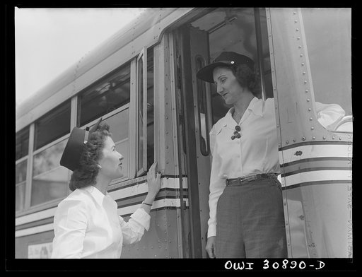 Untitled photo, possibly related to: Beaumont, Texas. Miss Helen McCabe and Mrs. Ruth Gallagher, bus drivers