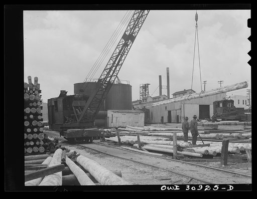 Untitled photo, possibly related to: Beaumont, Texas. Loading poles for treatment at the International Creosoting plant