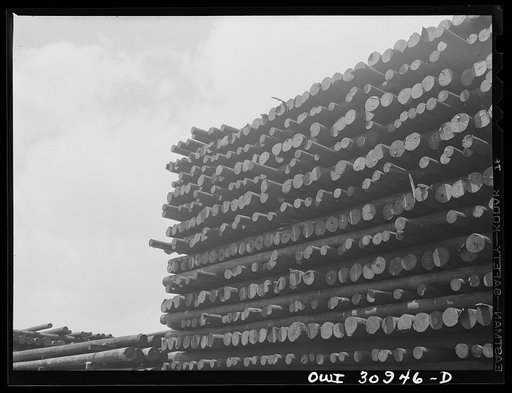 Untitled photo, possibly related to: Beaumont, Texas. Treated telephone poles stored in the yard at the International Creosoting Company