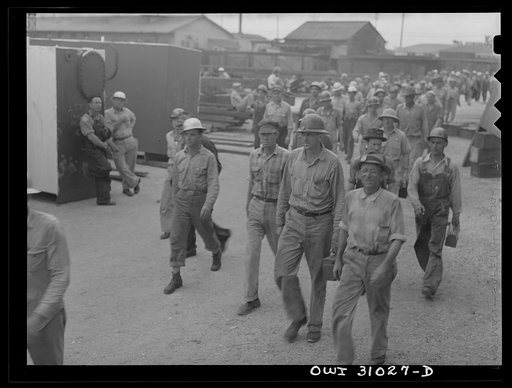 Untitled photo, possibly related to: Beaumont, Texas. Five p.m. change of shift at the Pennsylvania shipyards