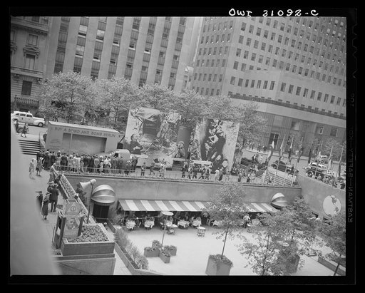 New York, New York. General view of the Nature of the Enemy exhibition, designed by the OWI (Office of War Information) and installed on the plaza of Rockefeller Center