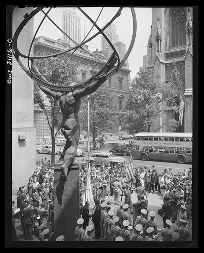 New York, New York. Ceremonies on the plaza of the International Building, Rockefeller Center, at the opening of the Four Freedoms war bond show