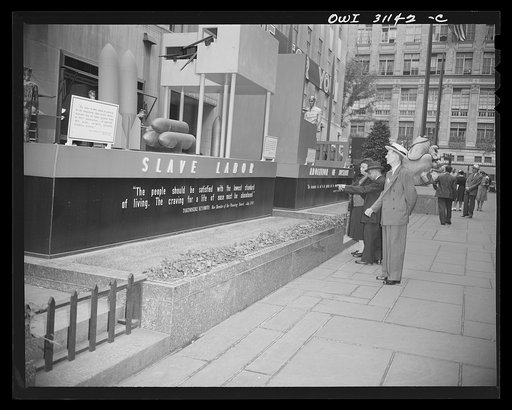 Untitled photo, possibly related to: New York, New York, View of the Nature of the Enemy exhibition designed by the OWI (Office of War Information) and installed on the plaza of Rockefeller Center