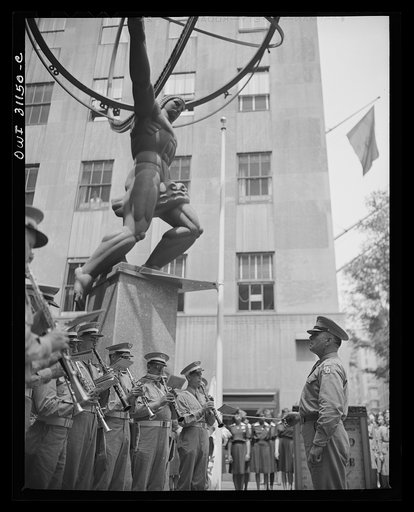 New York, New York. Army band at the Four Freedoms war bond show on the plaza of the International Building at Rockefeller Center