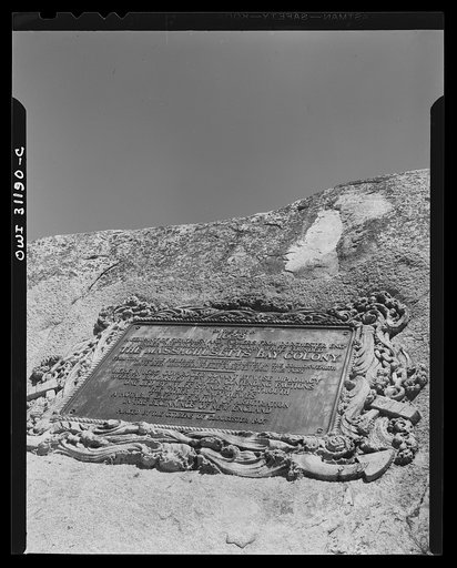 Gloucester, Massachusetts. Inscription on a rock telling of the founding of the Massachusetts Bay colony