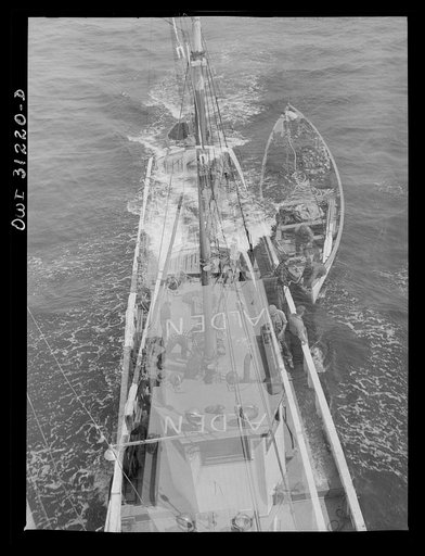 Untitled photo, possibly related to: On board the fishing boat Alden, out of Gloucester, Massachusetts. On the first morning out to sea, the crew adjusting nets to the seining boat while going along at a speed of ten knots per hour