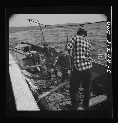 Untitled photo, possibly related to: On board the fleshing boat Alden, out of Gloucester, Massachusetts. Part of the seining crew adjusting the seining nets to the seining boat on the first morning out. Franasco Parisi checking the small motor. This operation is performed at ten knots per hour