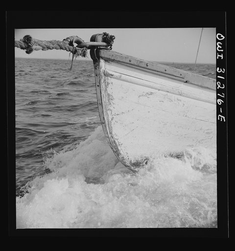 On board the fishing boat Alden out of Gloucester, Massachusetts. The bow of a dory being towed by the Alden