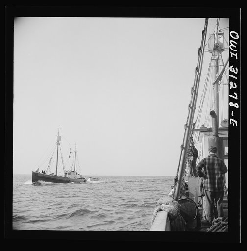 On board the fishing boat Alden out of Gloucester, Massachusetts. Fishermen on a boat heading for Gloucester giving the location of large schools of mackerel to the Alden's crew as the boats pass