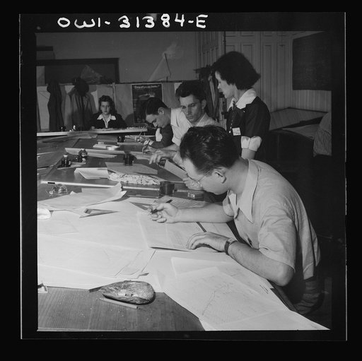 Washington, D.C. Preparing an advisory forecast at the U.S. Weather Bureau. General view of the plotting room