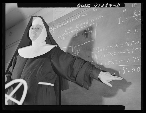Washington, D.C. Sister Aquinas, "flying nun," teaching a class in aeronautics at Catholic University