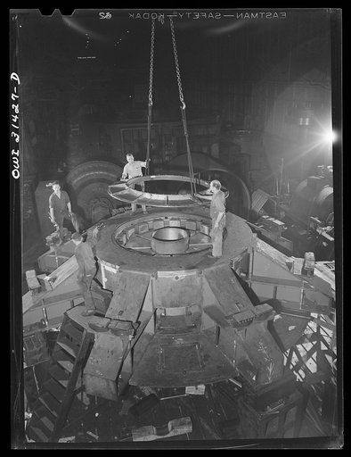 Pittsburgh, Pennsylvania. The lower bracket of the 30,000 kilowatt waterwheel generator which Westinghouse Electric Company is manufacturing for the Watts Bar Dam of the Tennessee Valley Authority (TVA). The total weight of the generator is 955,000 pounds. The eight arms of the lower bracket which e