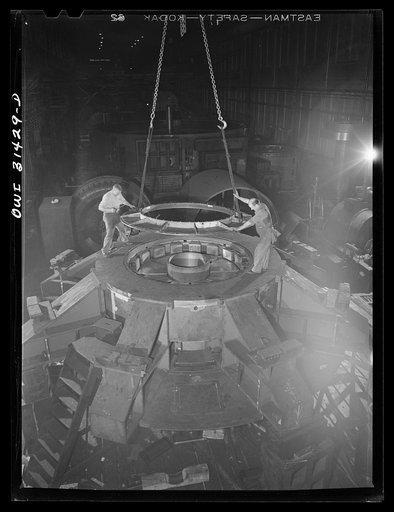 Untitled photo, possibly related to: Pittsburgh, Pennsylvania. The lower bracket of the 30,000 kilowatt waterwheel generator which Westinghouse Electric Company is manufacturing for the Watts Bar Dam of the Tennessee Valley Authority (TVA). The total weight of the generator is 955,000 pounds. The ei