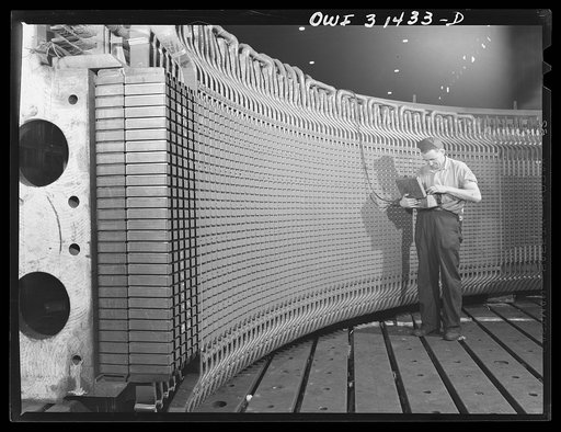 Philadelphia, Pennsylvania. Stator frame of the 30,000 kilowatt generator which Westinghouse Electric Company is manufacturing for the Watts Bar Dam of Tennesse Valley Authority (TVA). It is lined with thousands of armature coils, and over 100,000 sheets of laminated iron which serve to conduct the 