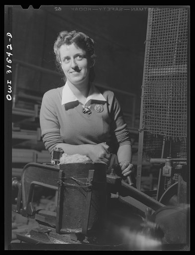Untitled photo, possibly related to: Oswego, New York. Leona Hilliday, powersaw operator at the Ames iron works