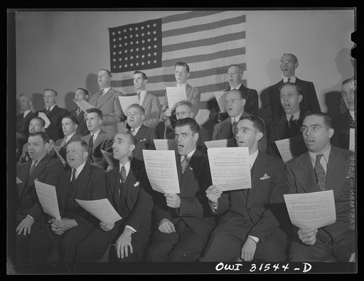 Untitled photo, possibly related to: Oswego, New York. Oswego Rotary Club chorus rehearsing "The United Nations," to be sung during United Nations week