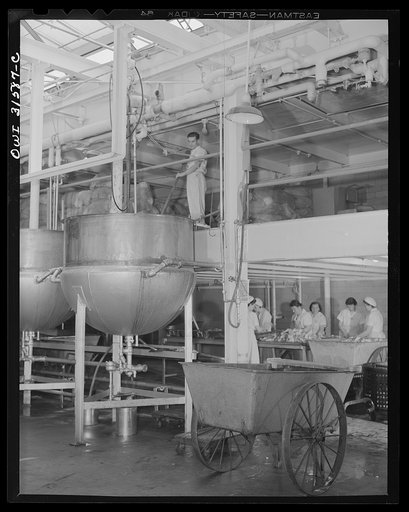 Cincinnati, Ohio. Preparing canned pork (Russian: "svinaia tushonka") for lend-lease shipment to the USSR at the Kroger grocery and baking company. Pot boilers where pork is treated for twenty percent pre-shrinkage before being canned