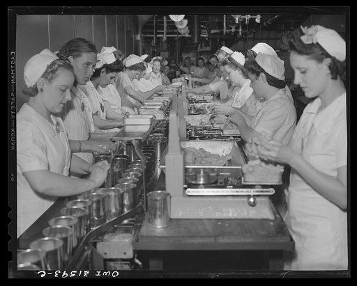 Cincinnati, Ohio. Preparing canned pork (Russian: "svinaia tushonka") for lend-lease shipment to the USSR at the Kroger grocery and baking company