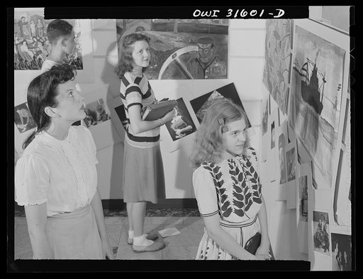 Untitled photo, possibly related to: Washington, D.C. National exhibit at the Library of Congress of paintings, photographs and posters dealing with aspects of the war, made by high school students from all over the country