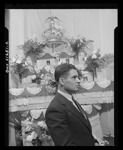 Untitled photo, possibly related to: Gloucester, Massachusetts. Frank Domingos, chosen to express the gratitude of the community for the intervention of Saint Peter on their behalf during the past year