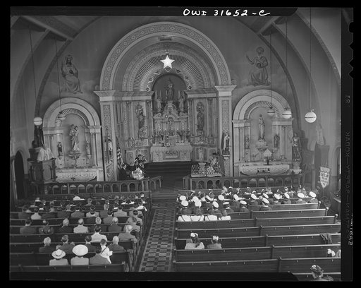 Untitled photo, possibly related to: Gloucester, Massachusetts. Celebration of the fiesta of Pentacost in the Church of Our Lady of Good Voyage