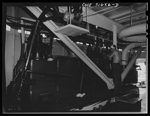Untitled photo, possibly related to: A diesel engine in the engine room of the towboat Ernest T. Weir going down the Ohio River to Cincinnati