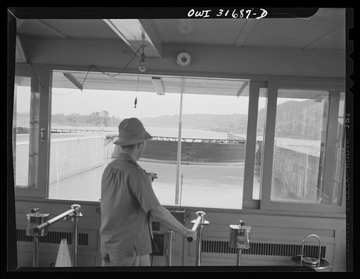 Gallipolis, Ohio. In the locks at the dam, seen from the pilot house of the towboat Charles T. Campbell