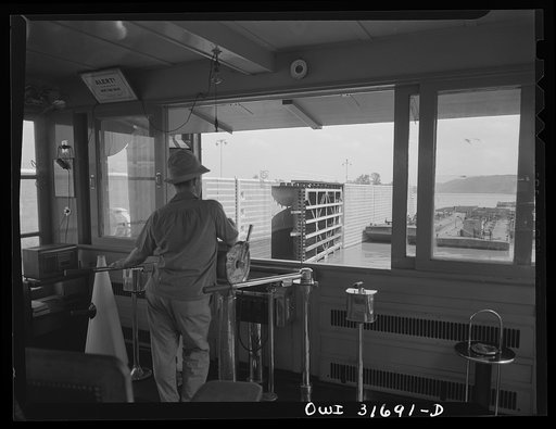 Gallipolis, Ohio. A gate in the lock opening as seen from the pilot's house of the towboat Charles T. Campbell