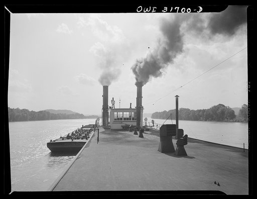 Gallipolis, Ohio. Looking forward to the pilot house and the stack on a coal burning towboat, the Charles T. Campbell