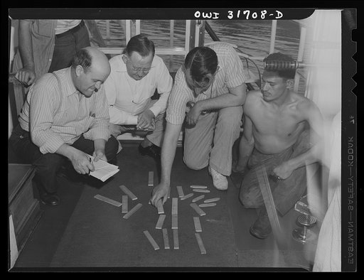 Gallipolis, Ohio. Making up the arrangement of tow aboard the Ernest T. Weir, a towboat
