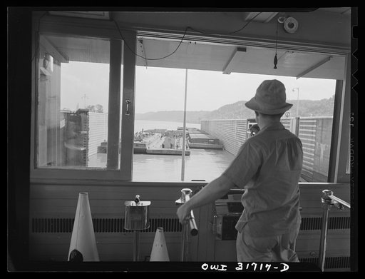 Gallipolis, Ohio. A view from the pilot house of the towboat Charles T. Campbell she is passing through the locks