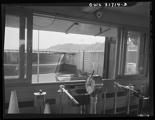 Gallipolis, Ohio. Looking through the pilot's window of the Charles T. Campbell at the closed gate lock