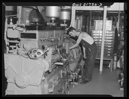 Diesel engines in the engine room of the towboat Ernest T. Weir on the way to Cincinnati down the Ohio River