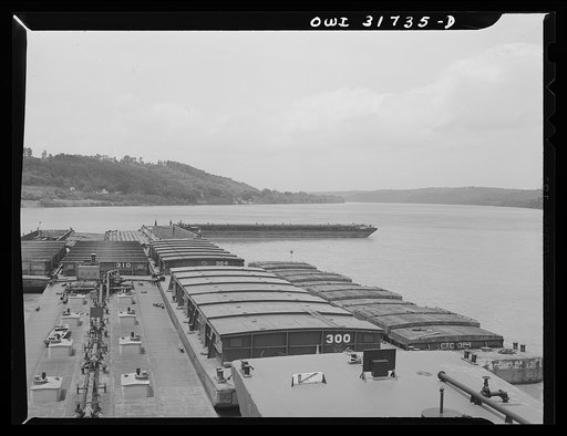 Shifting barges to new positions in the tow of the towboat Ernest T. Weir going down the Ohio River to Cincinnati