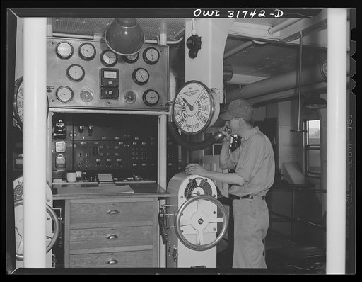 The control room of the towboat Ernest T. Weir going down the Ohio River to Cincinnati
