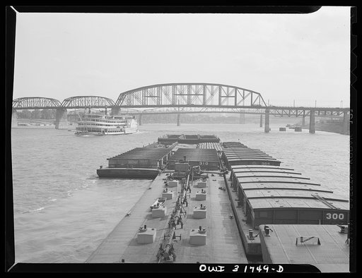 Cincinnati (vicinity), Ohio. Bridges and passing side-wheeler pleasure boat