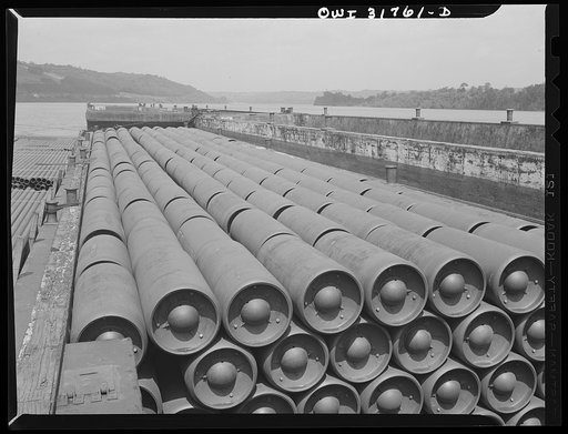 Gas containers piled in a barge in the tow of the Ernest T. Weir going down the Ohio River to Cincinnati