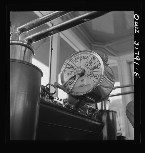 Detail of the controls in the pilot house of the towboat Ernest T. Weir going down the Ohio River to Cincinnati