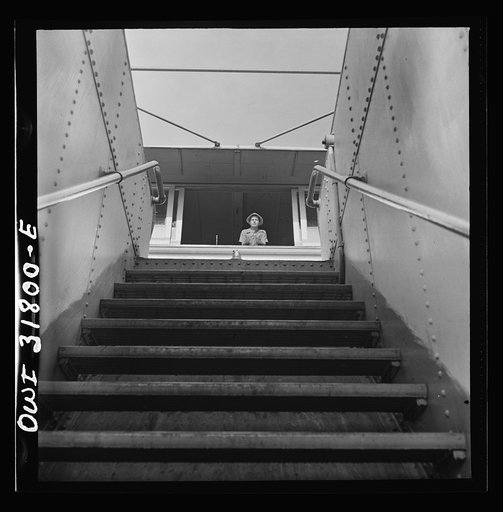 Looking up the hatchway to the pilot house of the towboat Charles T. Campbell