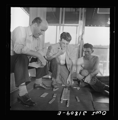 Using wooden blocks to make up the tow aboard the towboat Ernest T. Weir going down the Ohio River to Cincinnati