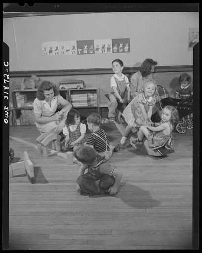 New Britain, Connecticut. A child care center, opened September 15, 1942, for thirty children, age two to five, of mothers engaged in war industry. The hours are 6:30 a.m. to 6 p.m., six days per week. Playtime in the child care center